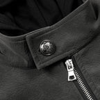 Close-up of a black jacket with a button and zipper detail