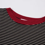 Close-up of a black and white striped shirt with a red collar on a white background