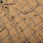 Beige plaid shirt with a close-up of the fabric pattern