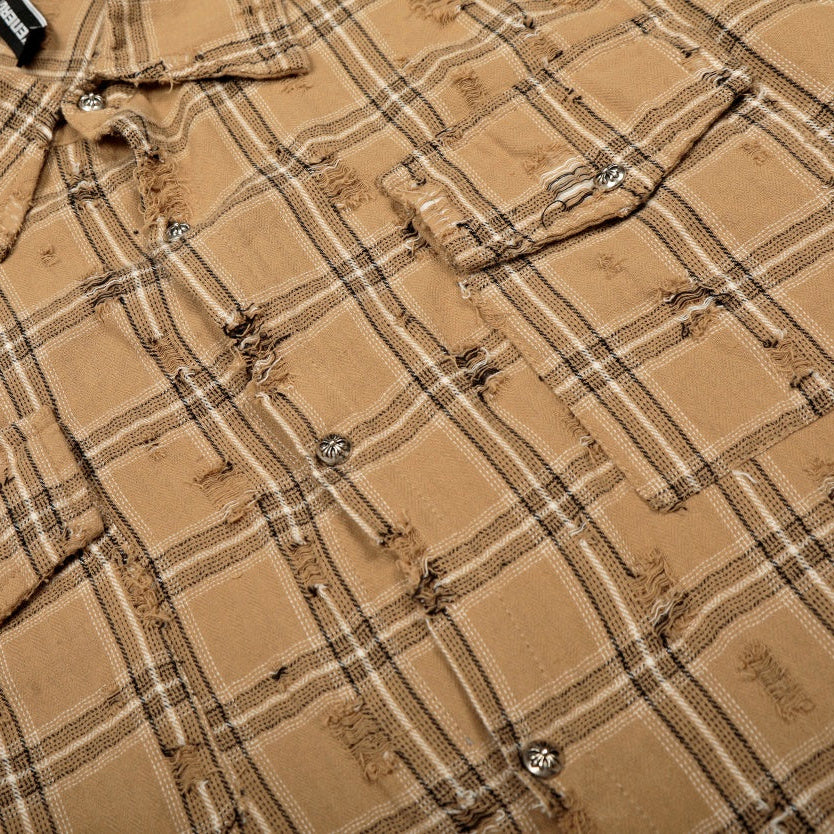 Beige plaid shirt with a close-up of the fabric pattern