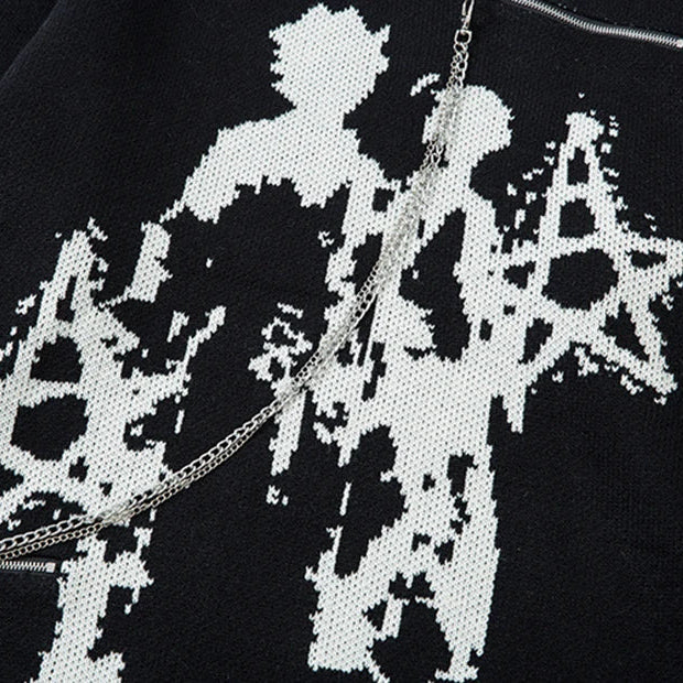 Black sweater with white star patterns and a chain detail on a white background