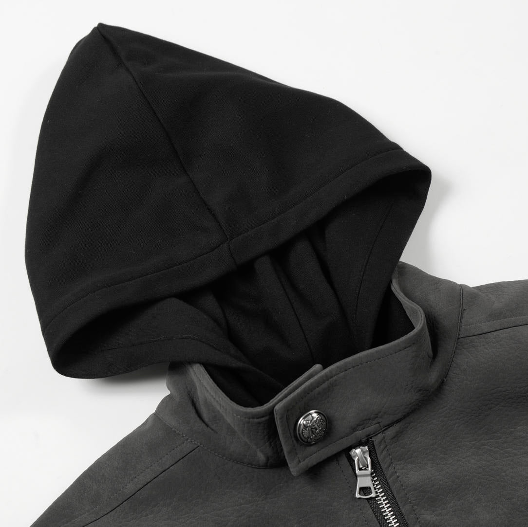 Gray jacket with a black hood on a white background