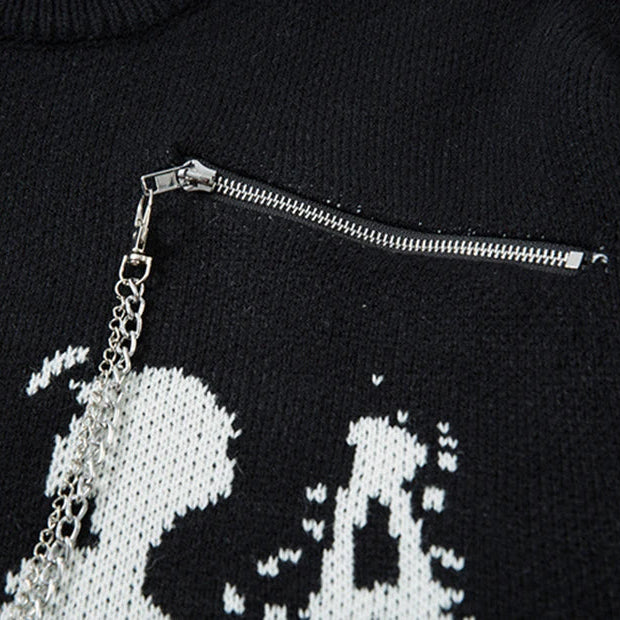 Black sweater with white pattern and zipper detail