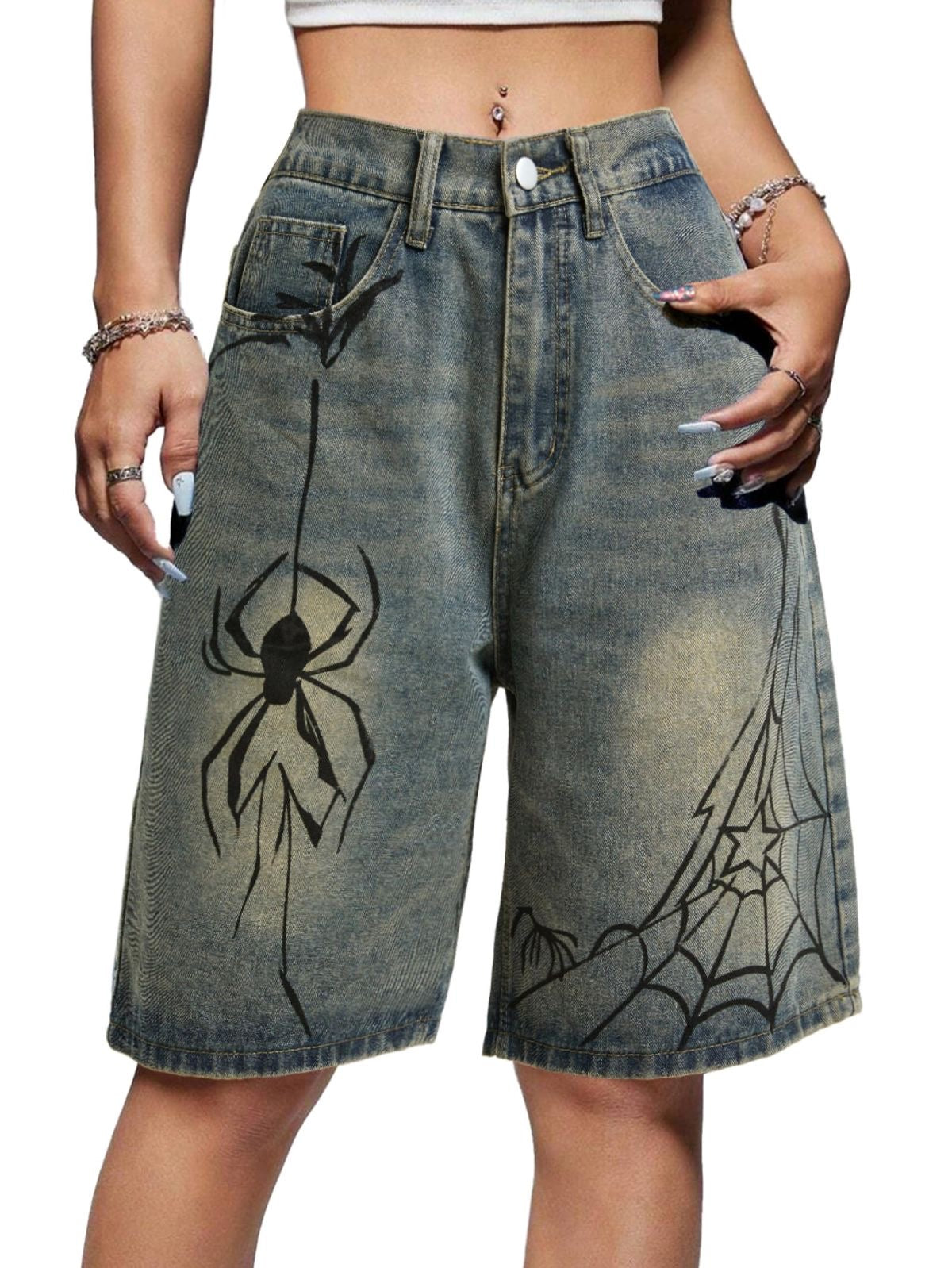 Spider Cobweb Denim Shorts