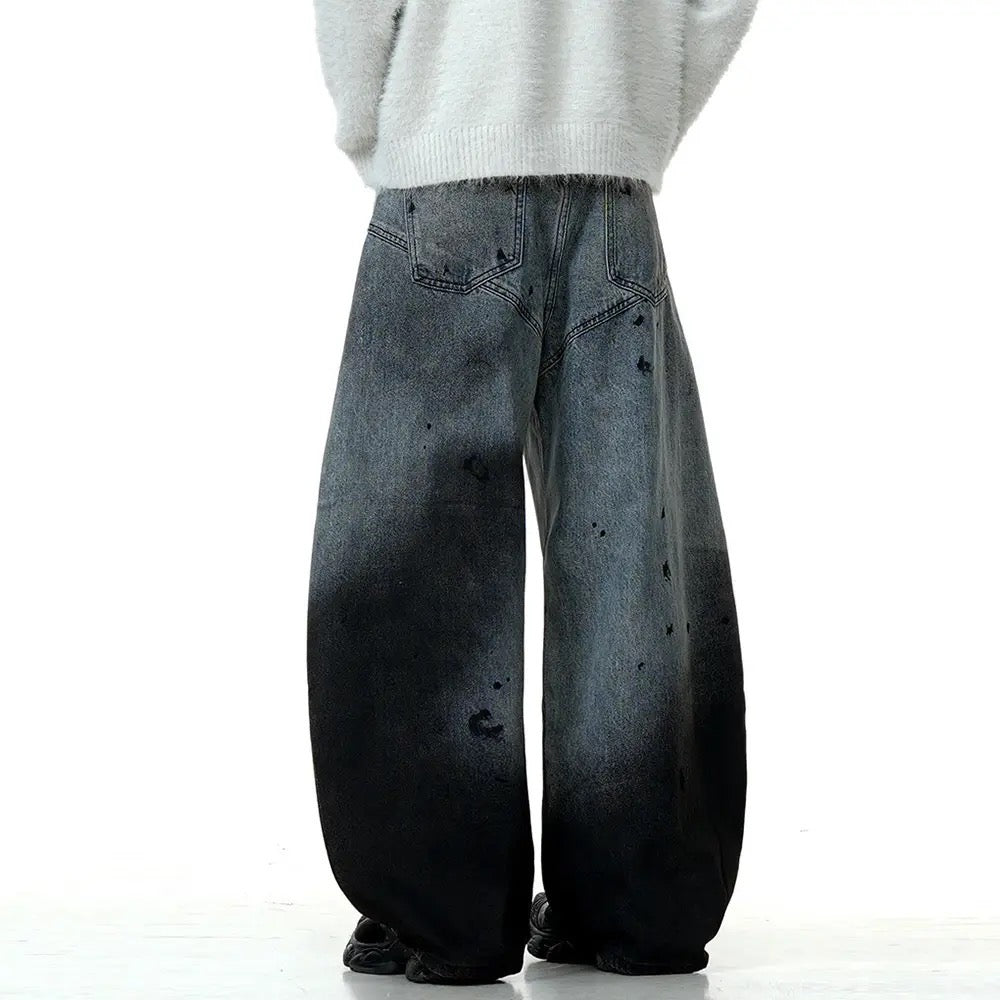 Distressed Dip-Dye Barrel Jean Pants - h0neybear streetwear jeans