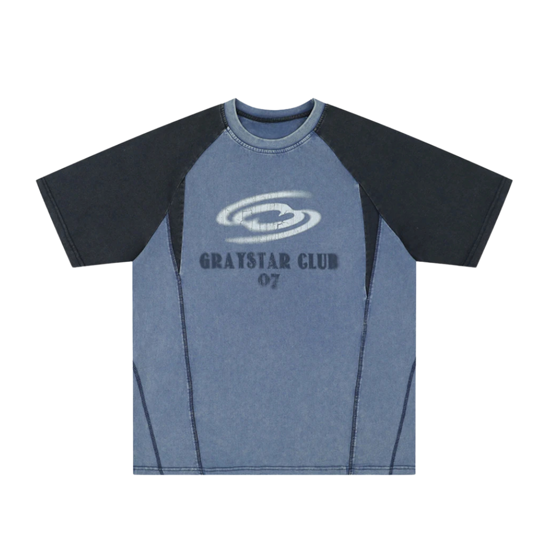 Blue and black t-shirt with 'Graystar Club 07' text on a white background