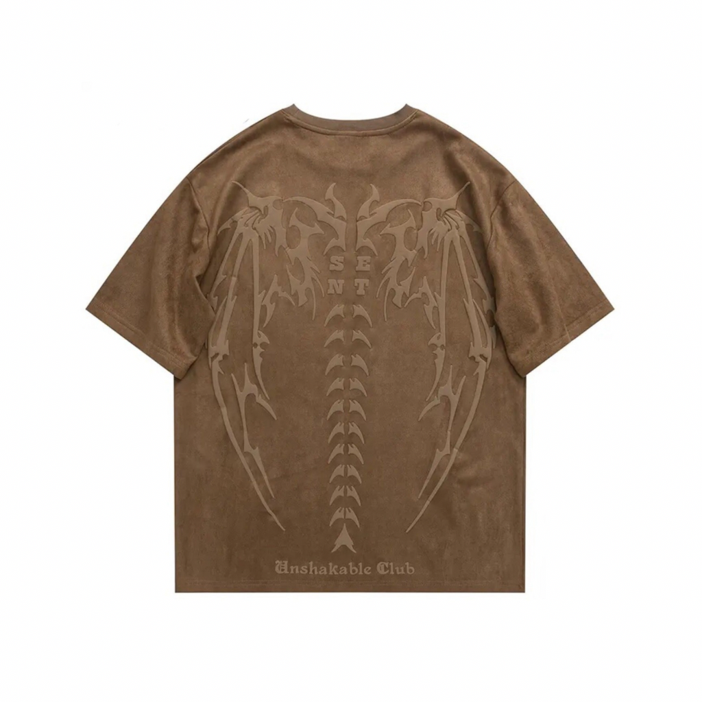 Brown t-shirt with a back design and 'Unshakable Club' text on a white background from honeybear