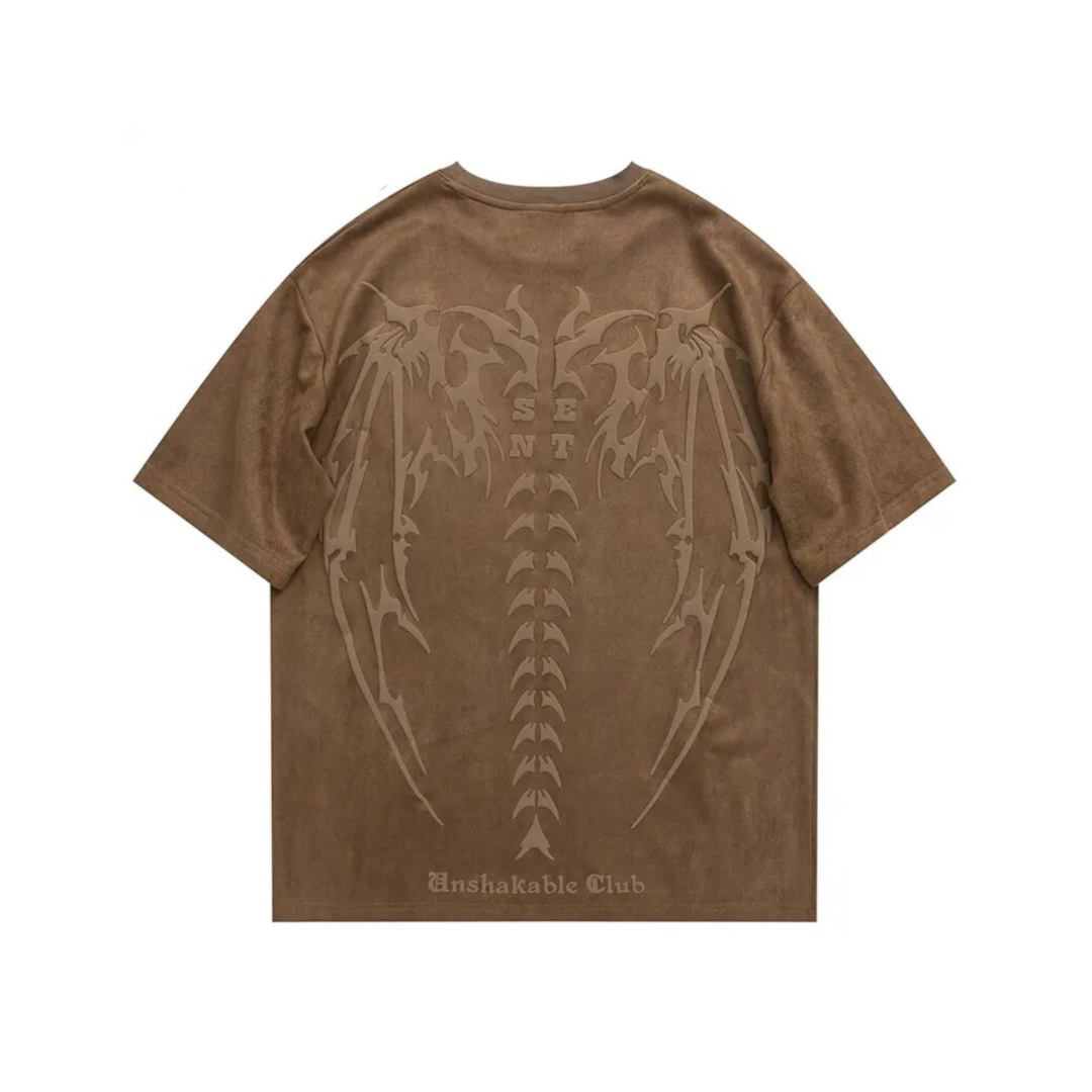 Brown t-shirt with a back design and 'Unshakable Club' text on a white background from honeybear