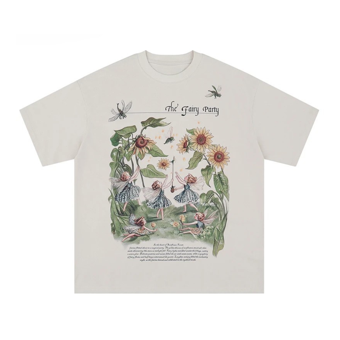 T-shirt with fairy and floral design on a white background