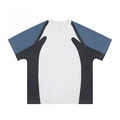 Color-blocked t-shirt with blue, black, and white sections on a white background honeybear