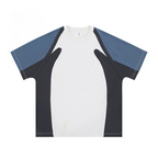 Color-blocked t-shirt with blue, black, and white sections on a white background honeybear