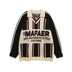 Sweater with 'MAFAER Motorcycle California' text on a white background