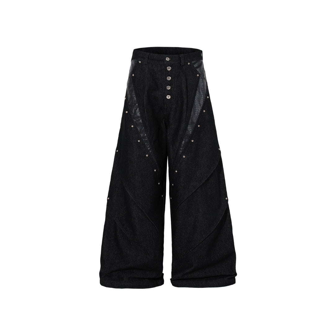 Black wide-leg Venom Stitch Panel Jeans pants with button details on a white background