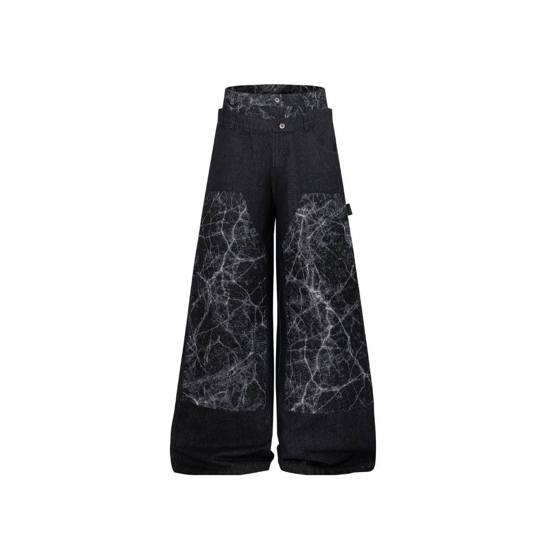 The Black Marbled Double-Waist Jeans - h0neybear