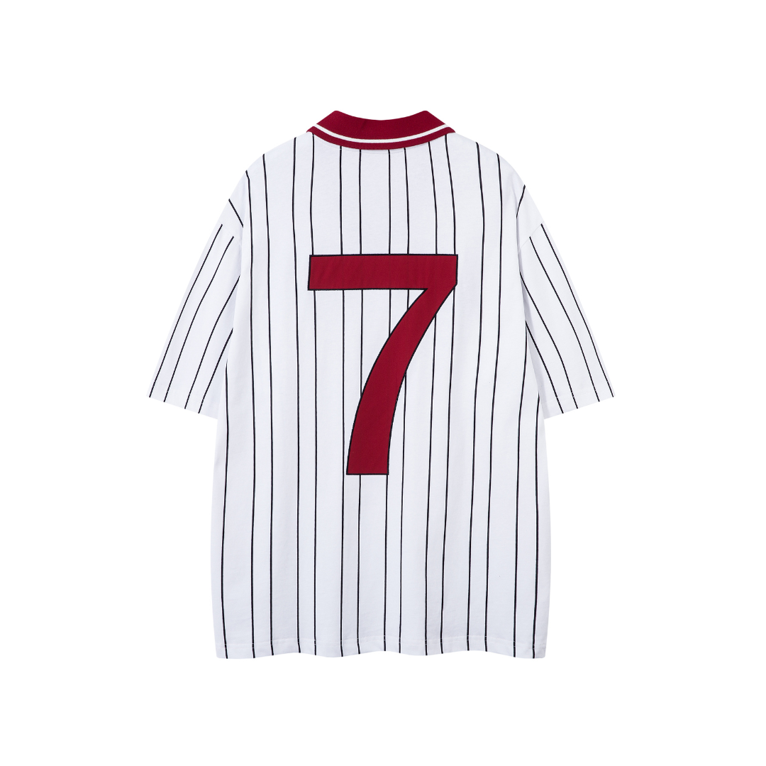 Baseball jersey with number 7 on a white background Heritage Pinstripe 7 Polo Jersey - h0neybear aka honeybear clohthing