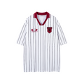 White sports jersey with black stripes and red accents on a white background Heritage Pinstripe 7 Polo Jersey - h0neybear aka honeybear clohthing