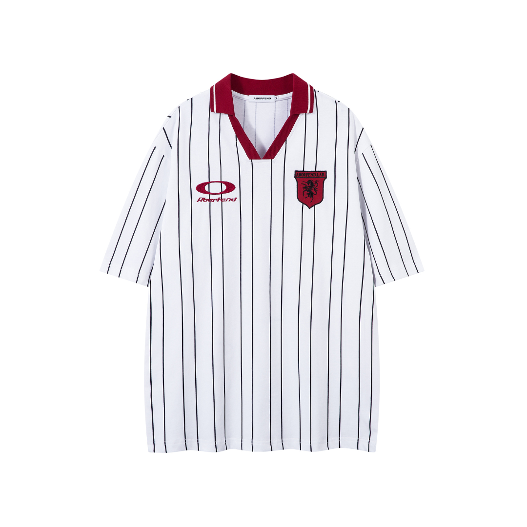 White sports jersey with black stripes and red accents on a white background Heritage Pinstripe 7 Polo Jersey - h0neybear aka honeybear clohthing