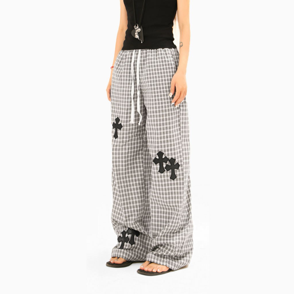 Plaid Cross-Patch Relaxed Pants - h0neybear Clothing