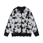 Sweater with black and white face pattern on a white background