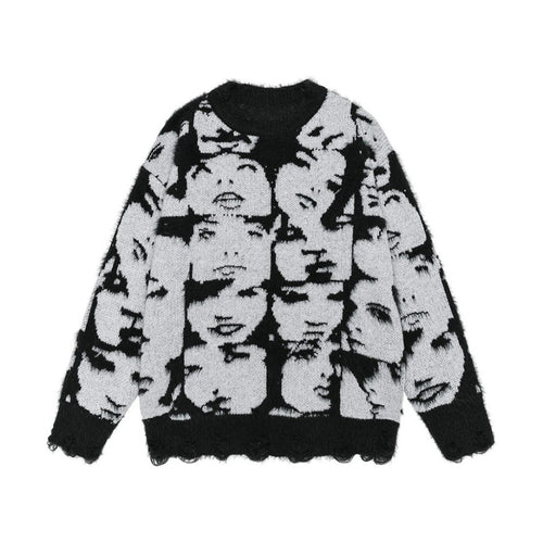 Sweater with black and white face pattern on a white background