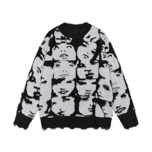 Sweater with black and white face pattern on a white background
