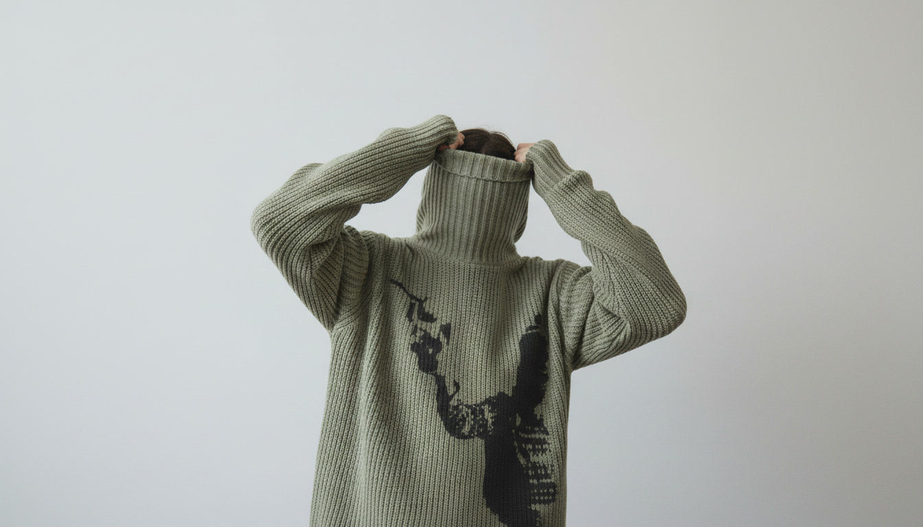 model wearing our h0neybear aka honeybear clothing green turtleneck sweater with black design on a plain background