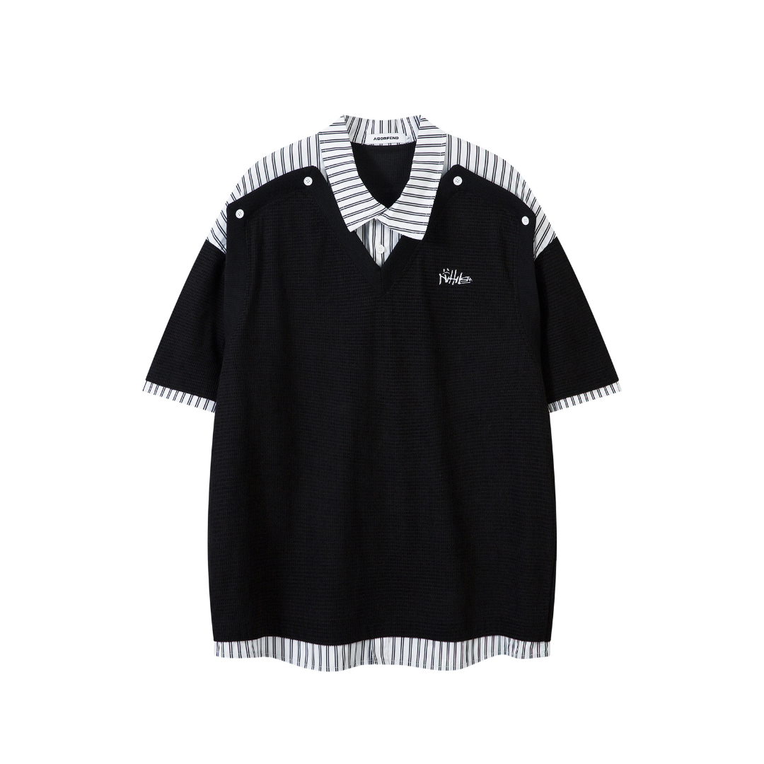 Ribbed V-Neck with Stripe T-shirt