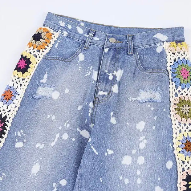 Knitted Flower Ripped Jeans | Y2K Women's Pants | H0NEYBEAR