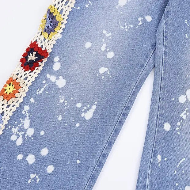 Knitted Flower Ripped Jeans | Y2K Women's Pants | H0NEYBEAR