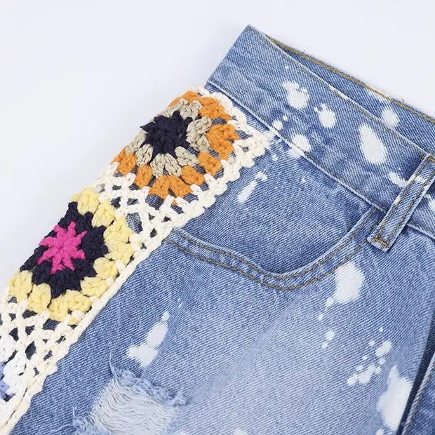 Knitted Flower Ripped Jeans | Y2K Women's Pants | H0NEYBEAR