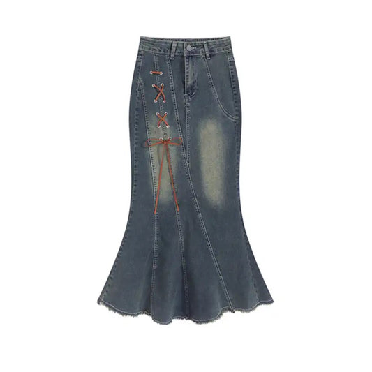Classic Laced Denim Skirt | Vintage Long Skirts | H0NEYBEAR