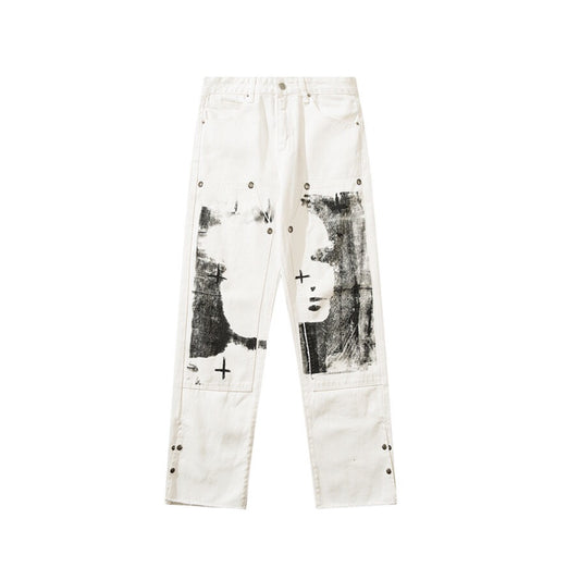 Spoof Graffiti White Jeans | Casual Unisex Jean Pants | H0NEYBEAR