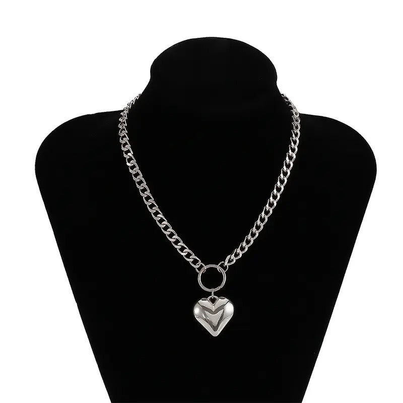 Heart Pendant Link Chain Necklace | Y2K Silver Necklaces | H0NEYBEAR