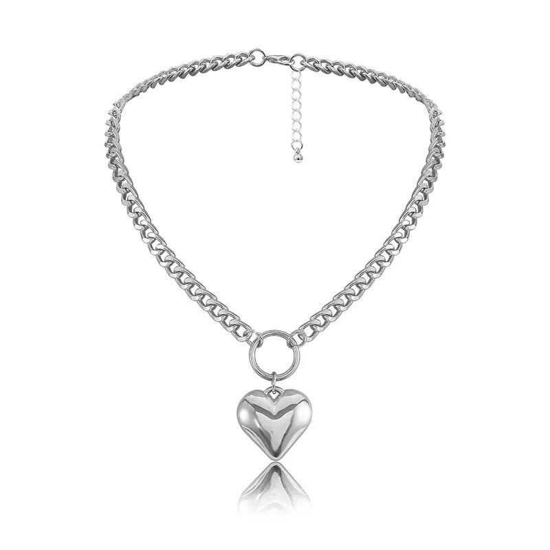 Heart Pendant Link Chain Necklace | Y2K Silver Necklaces | H0NEYBEAR