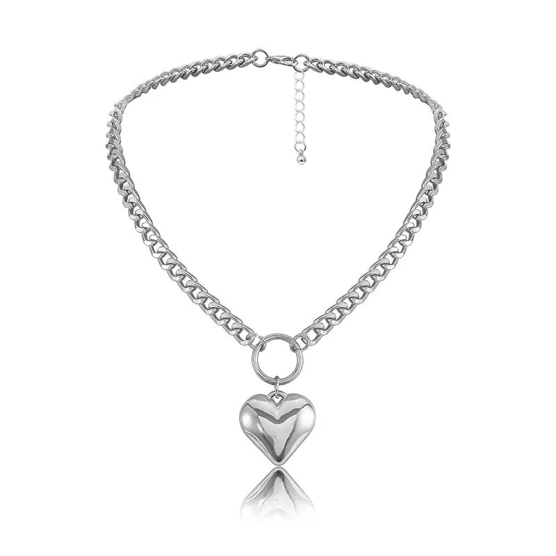 Heart Pendant Link Chain Necklace, Y2K Silver Necklaces