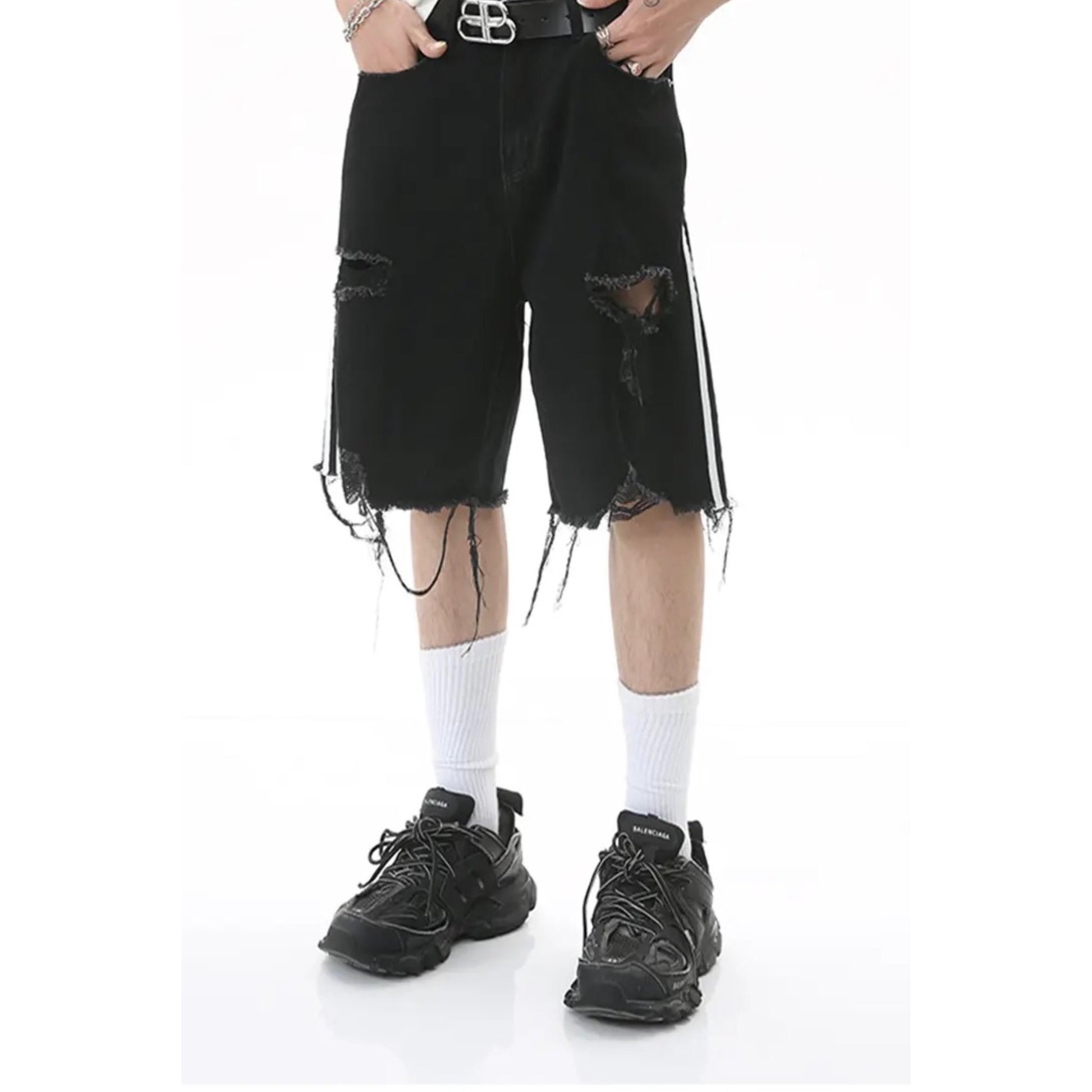 Side Stripe Ripped Denim Shorts | Summer Shorts Collection | H0NEYBEAR