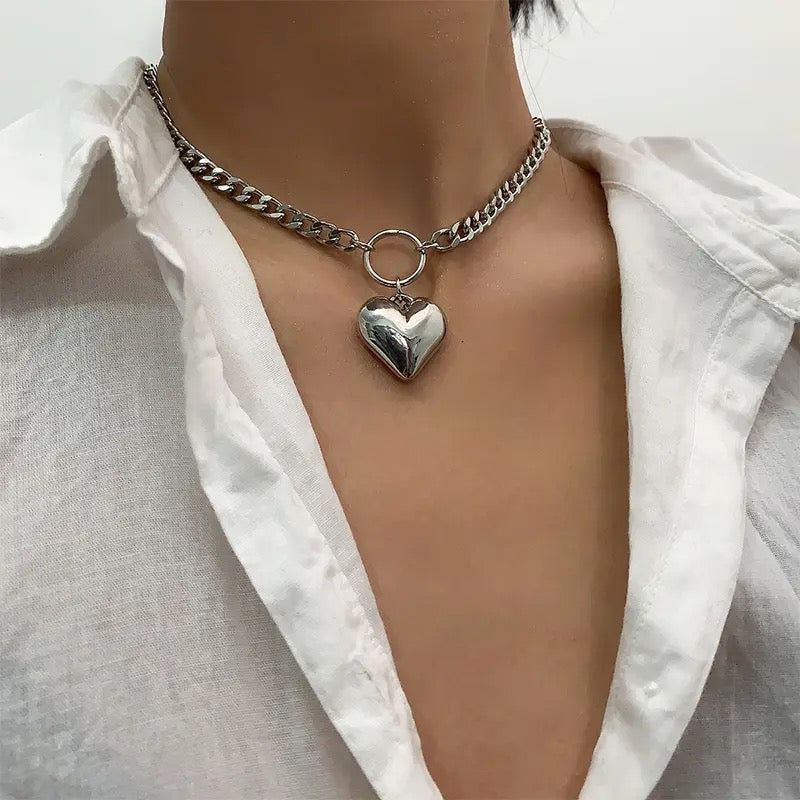 Heart Pendant Link Chain Necklace | Y2K Silver Necklaces | H0NEYBEAR