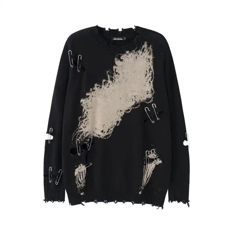 Pinned and Ripped Sweater | Grunge Oversized Sweaters | H0NEYBEAR - Black