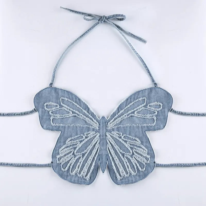 Butterfly Denim Crop Top | Y2K Cami Tee | Aesthetic Tops | H0NEYBEAR