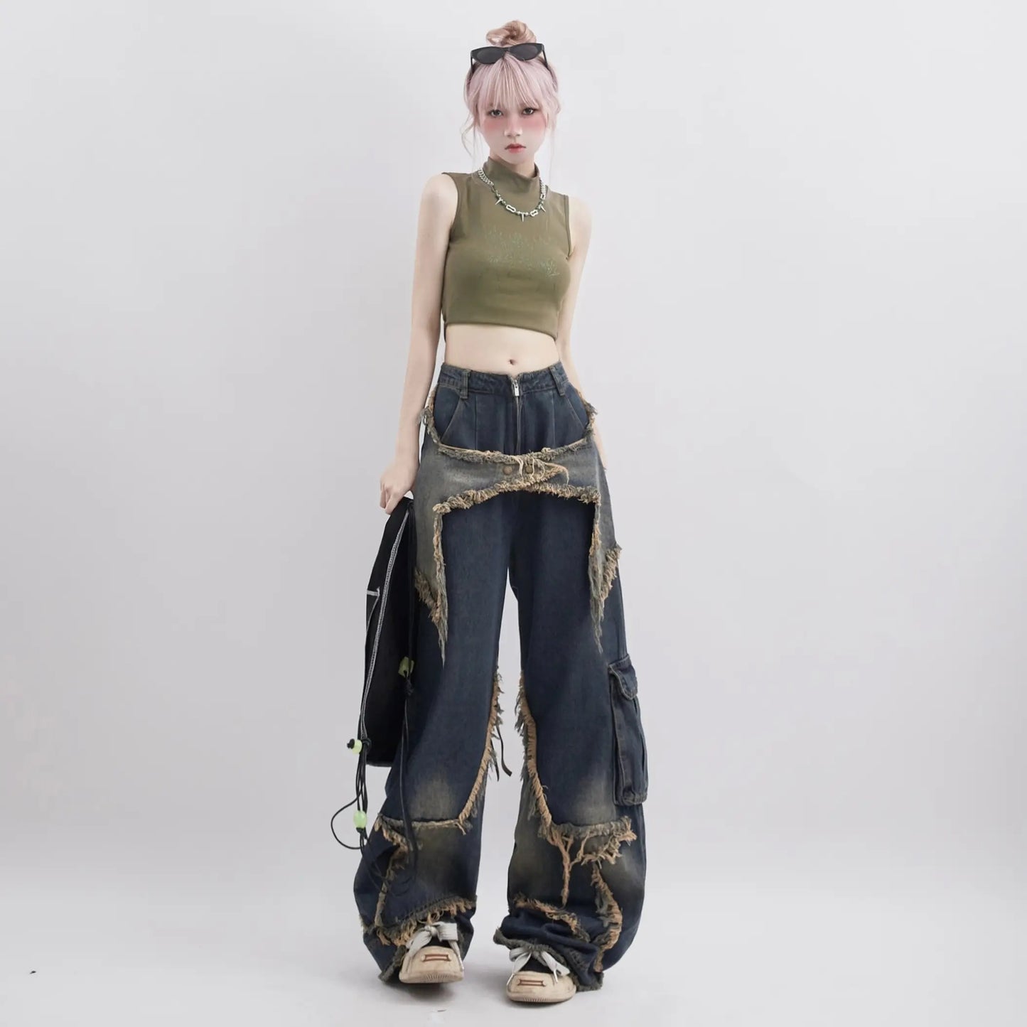 Star Patched Wide Leg Jean Pants | Y2K Baggy Jeans | H0NEYBEAR 