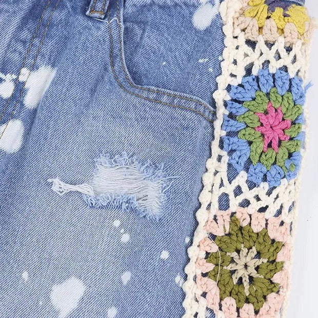 Knitted Flower Ripped Jeans | Y2K Women's Pants | H0NEYBEAR