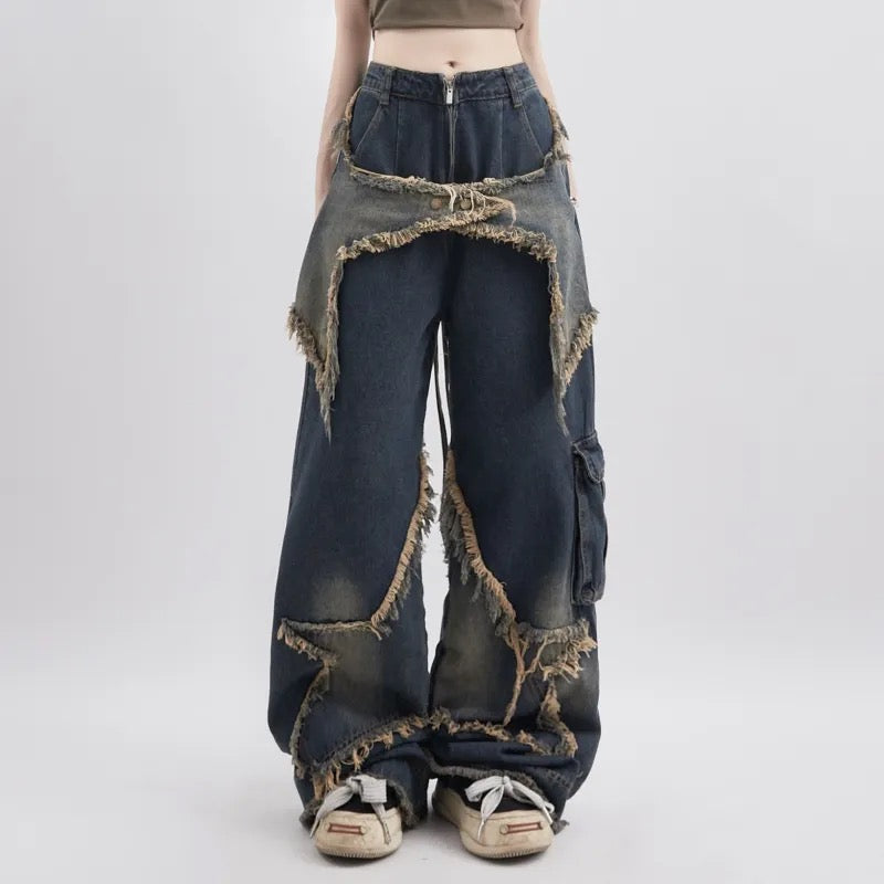 Star Patched Wide Leg Jean Pants | Y2K Baggy Jeans | H0NEYBEAR 