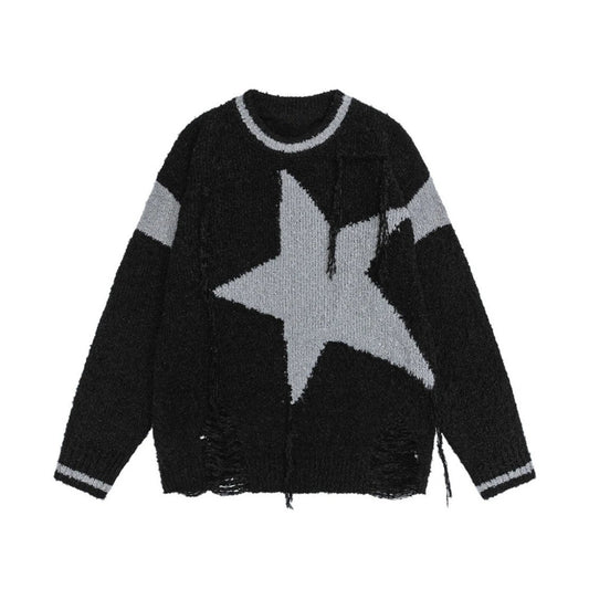 Black sweater with a large white star design on a white background