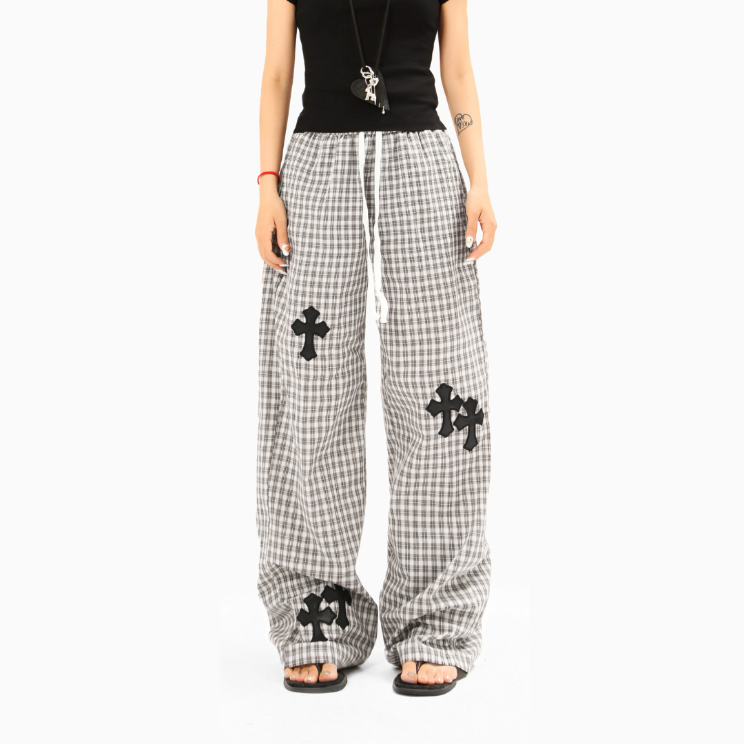 Plaid Cross-Patch Relaxed Pants - h0neybear Clothing