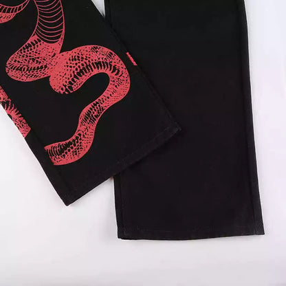 Red Snake Print Black Pants