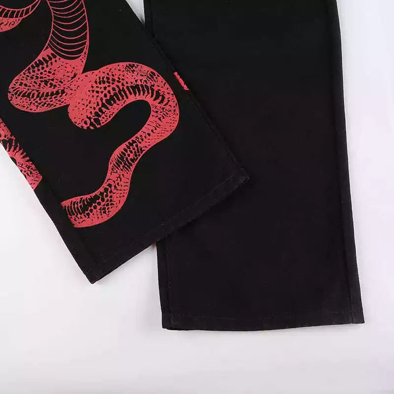 Red Snake Print Black Pants