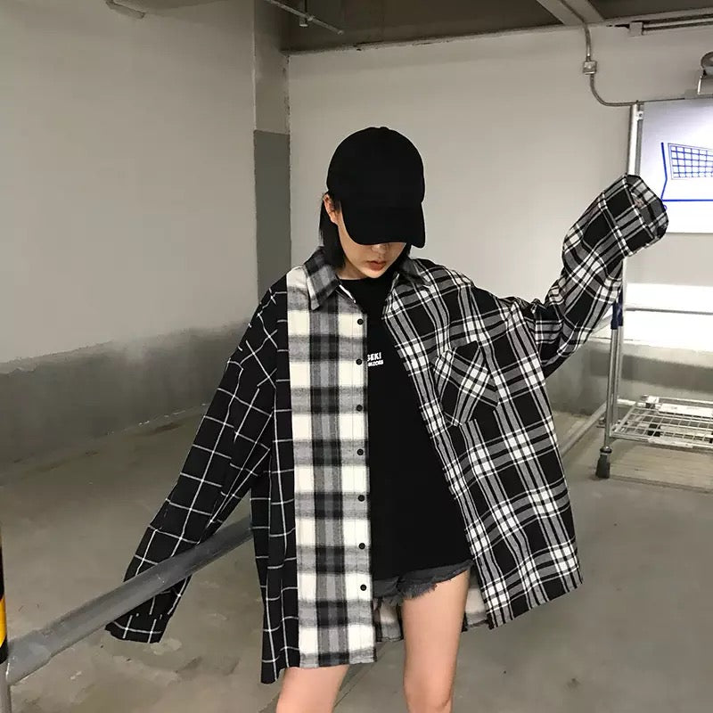 Girl wearing our oversized plaid shirt