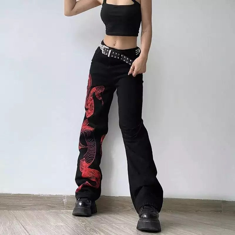 Red Snake Print Black Pants