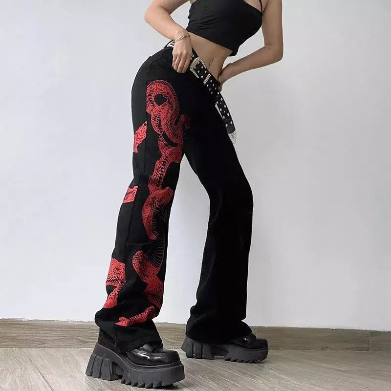 Red Snake Print Black Pants