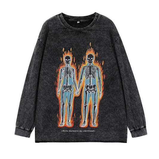 Vintage Flames Skeleton Couple Long Sleeve T-shirt